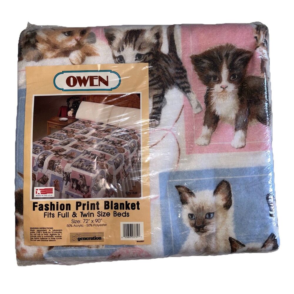 Vintage Owen Kitty Cat Fashion Print Blanket Full Twin Size 72x90 Made in USA